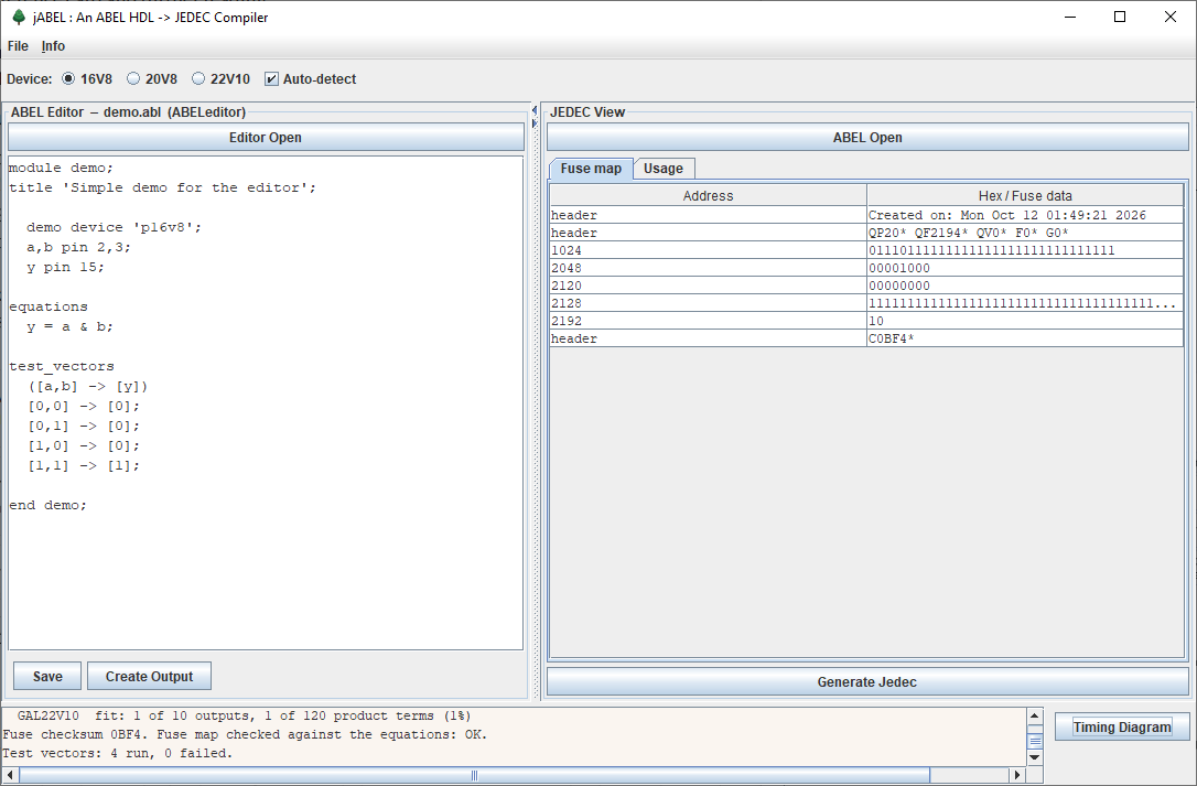 jABEL main window with the demo ABEL source and its JEDEC fuse map